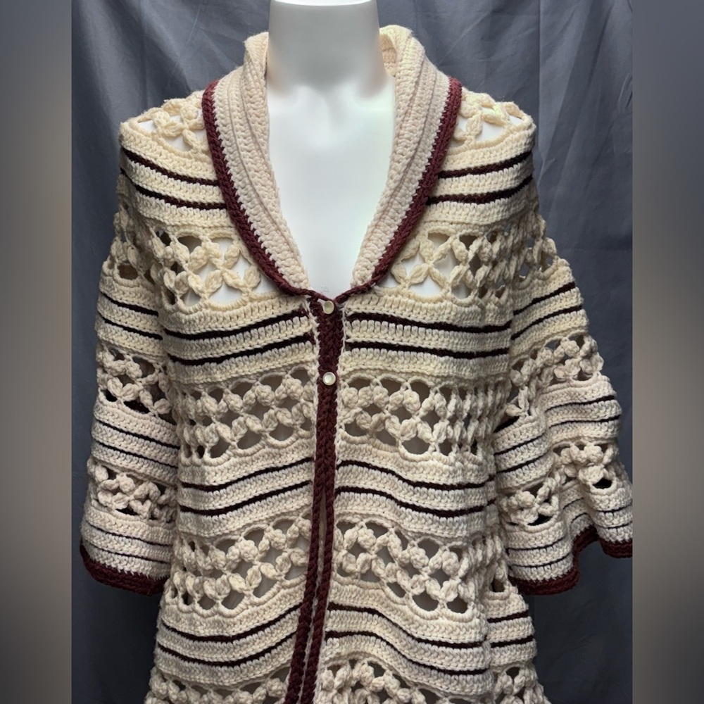Vintage 60s One of a Kind Hand Crocheted Ivory with Brown Trim Sweater Jacket - Picture 2 of 9
